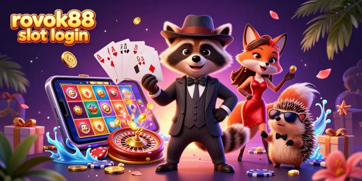 Experience the excitement of rokok88 slot login with vibrant gaming elements and characters enjoying casino play.