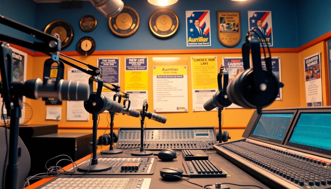 Engaging setup showcasing hometownstation.com radio station with microphones and awards in a professional studio.