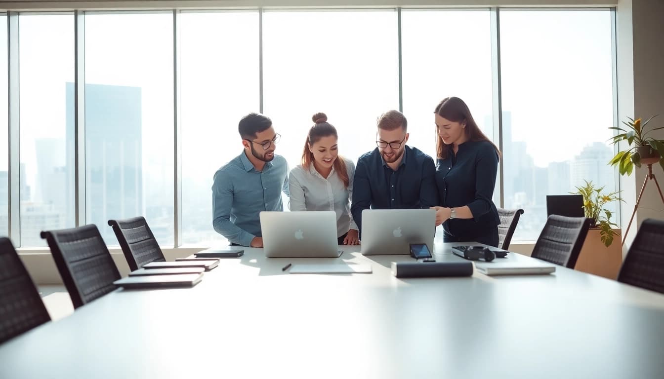 Showcase professional QA services with a collaborative team discussing projects in a modern office setting.