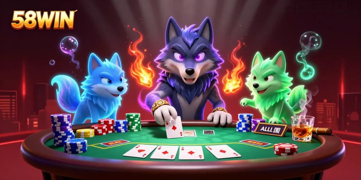 Join the thrilling action at 58WIN with a dynamic poker showdown featuring ghostly wolves.