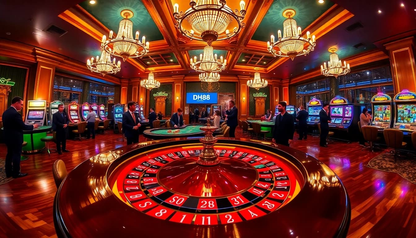 Players enjoying high-stakes games at DH88 casino with vibrant roulette and poker tables.