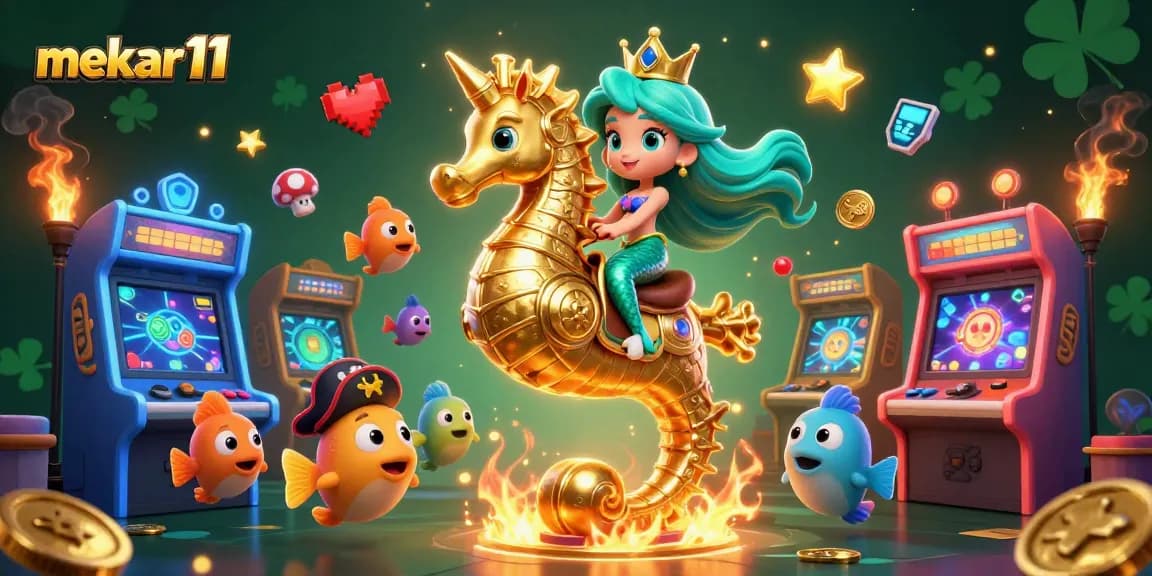 Engage with mekar11 and experience a vibrant casino scene with mermaid and seahorse.