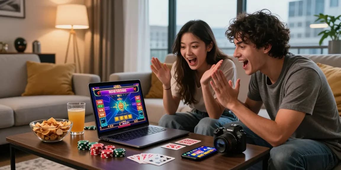Couple enjoying non UKGC casinos at home with vibrant gaming atmosphere.
