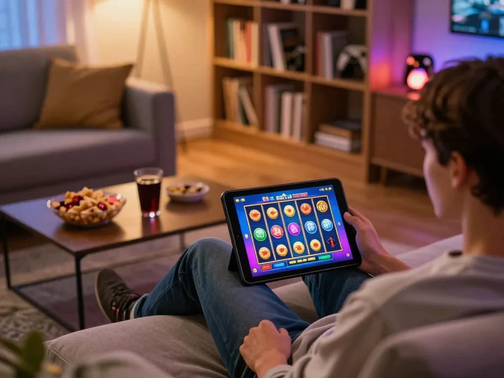 Engaging in a demo slot game on a tablet, showcasing vivid reels and winning potential in a cozy home setup.