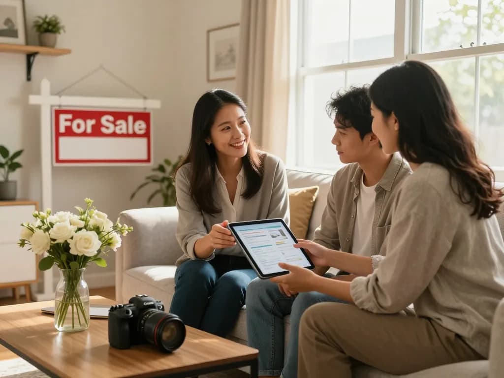 Engaging scene of real estate agent discussing quick house sale with clients in a cozy living room space.
