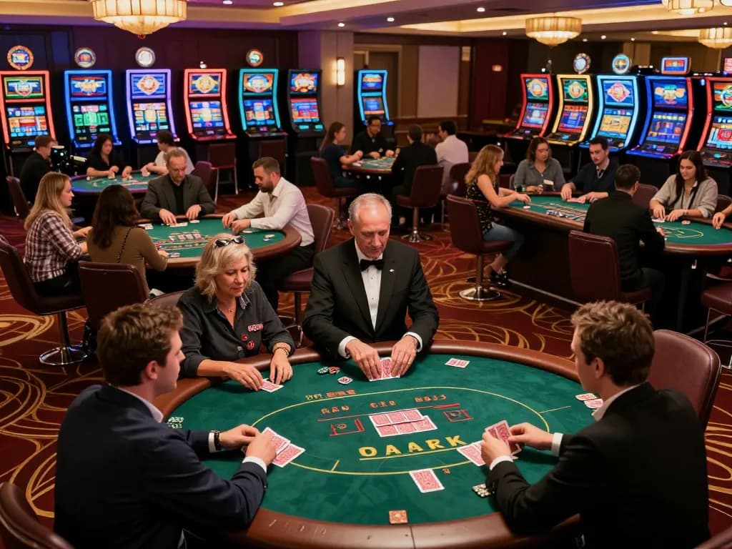 Players engaging in intense poker games at UU88AE casino, showcasing thrilling atmosphere and elegant decor.