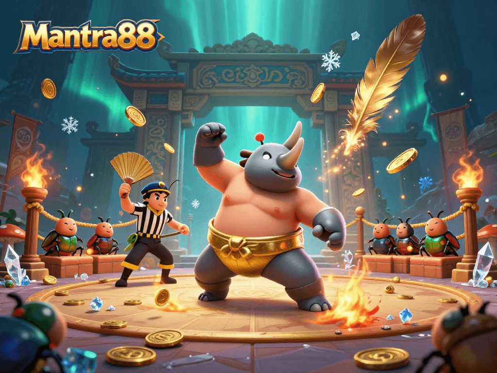 Experience the excitement of mantra88 with a fierce beetle champion in a dynamic gambling scene.