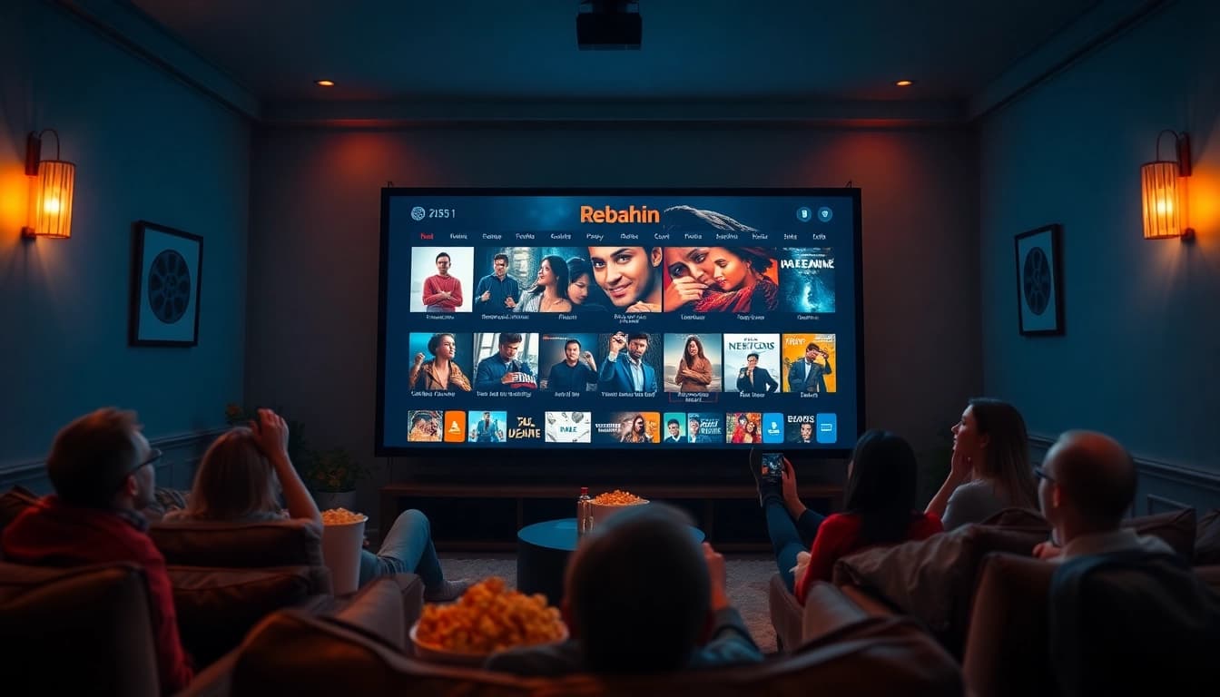 Excited viewers enjoying rebahin film in a cozy home theater.