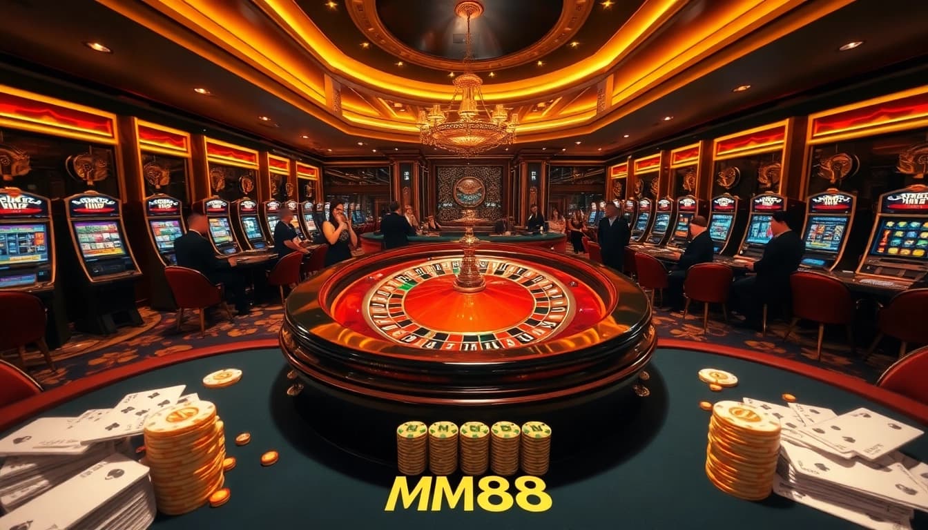Gamblers enjoying the exciting atmosphere at MM88 vin's luxury casino, featuring roulette and poker tables.