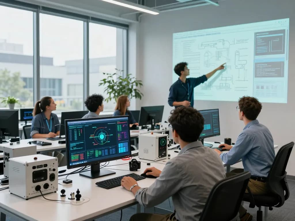 Engineers collaborating on Siemens technology project in modern workspace.