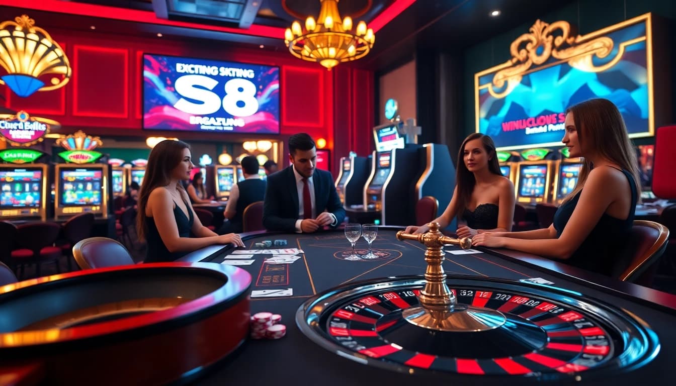 Experience the excitement of S8 gambling with poker chips and slot machines in a vibrant casino.