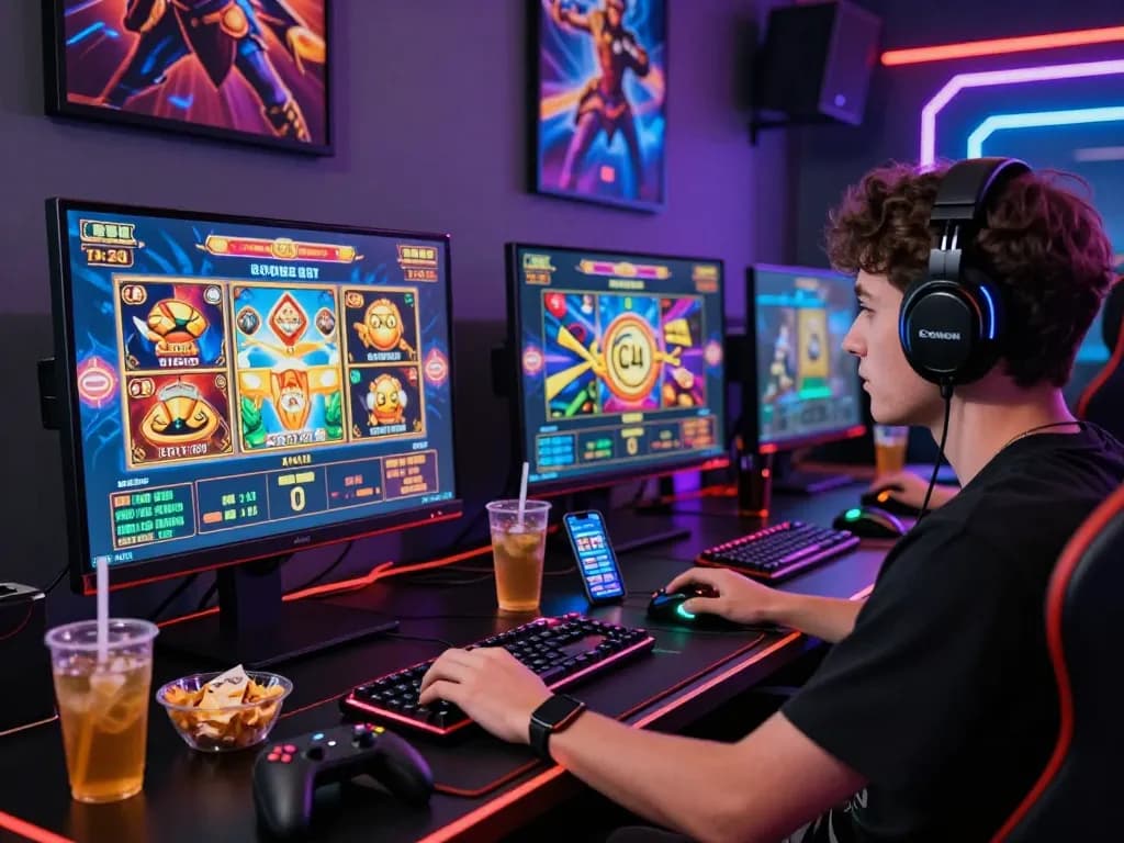 Situs slot gacor gaming scene with excited player at a colorful slot game setup, highlighting vibrant graphics and immersive experience.