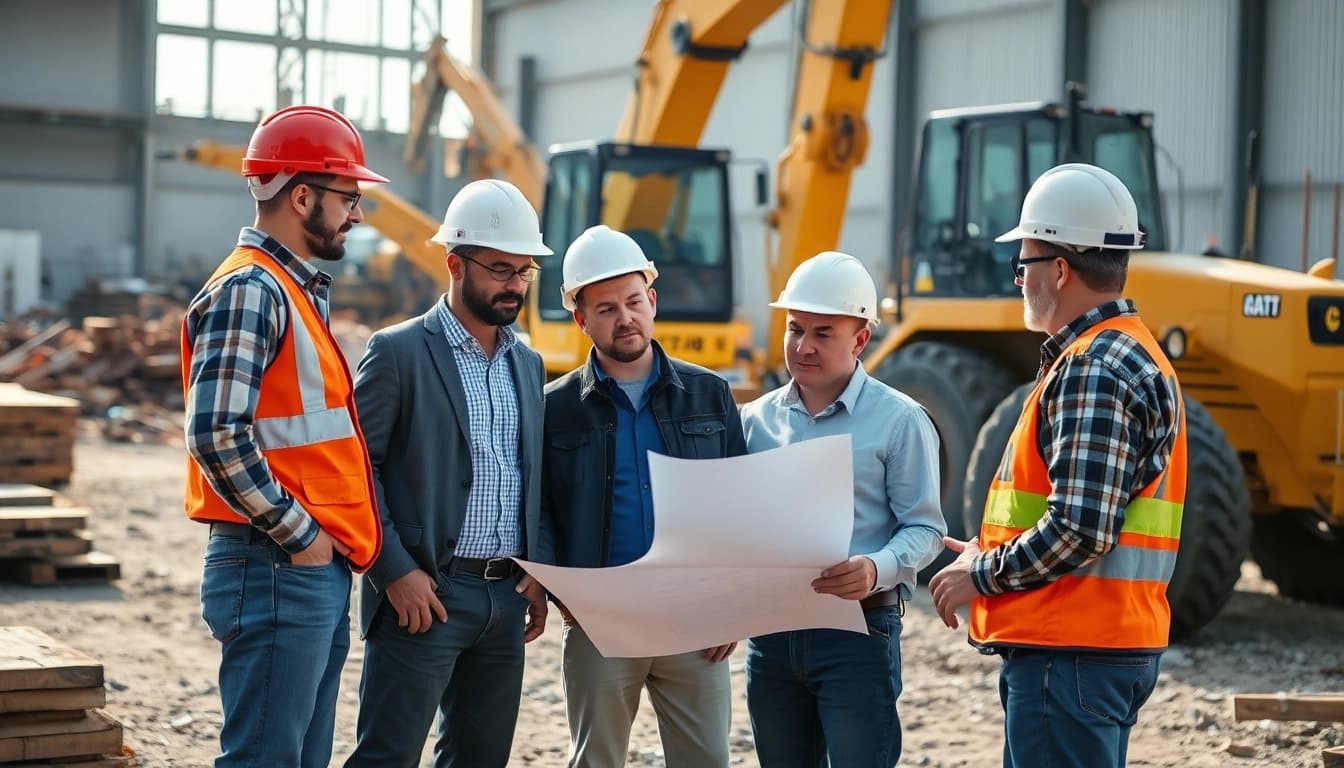 Construction crew collaborating on plans showcasing New Jersey Commercial General Contractor expertise and professionalism.