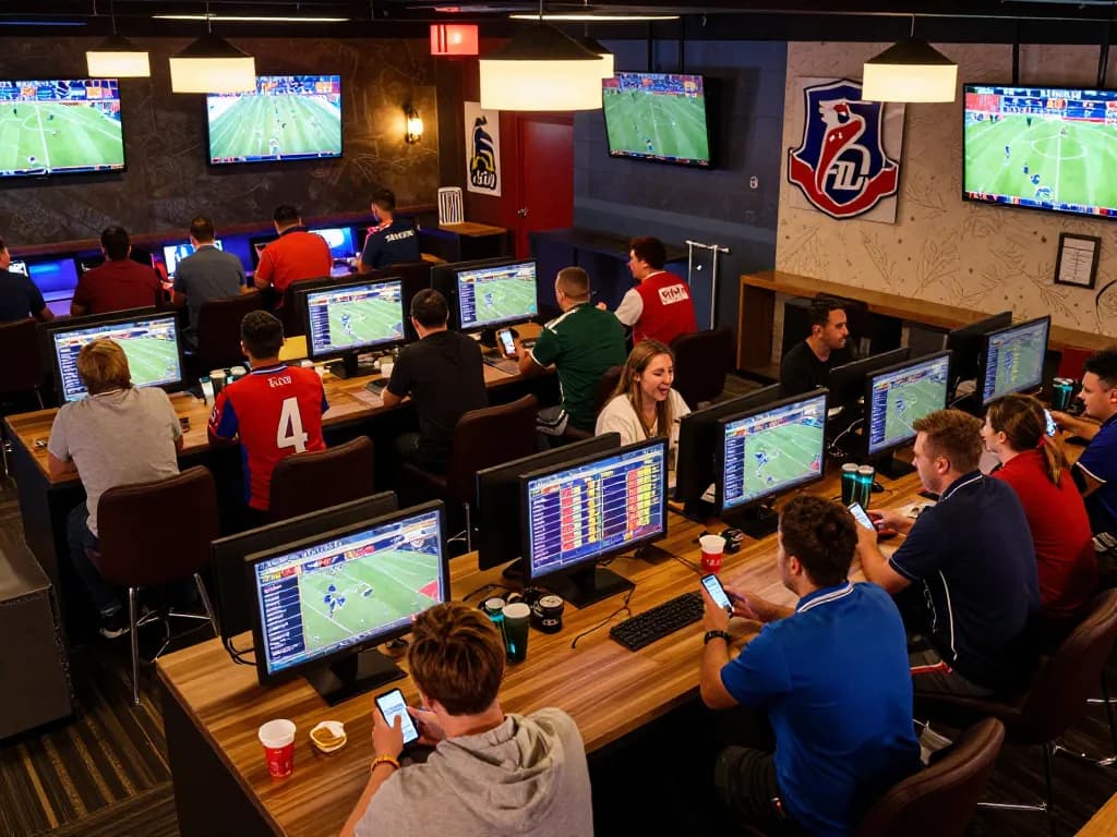 Winstrike69 bettors cheering at a sports betting lounge during a major game event featuring live odds updates