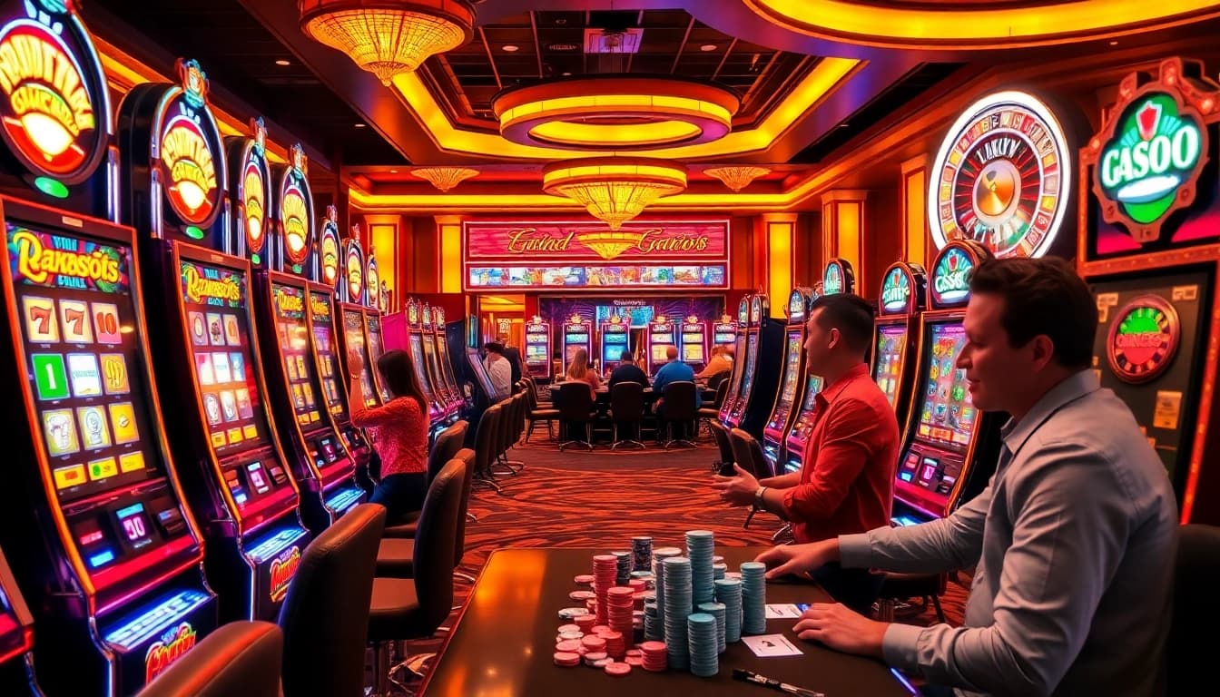 Players enjoying slot gacor machines in an upscale casino, experiencing the thrill of winning.