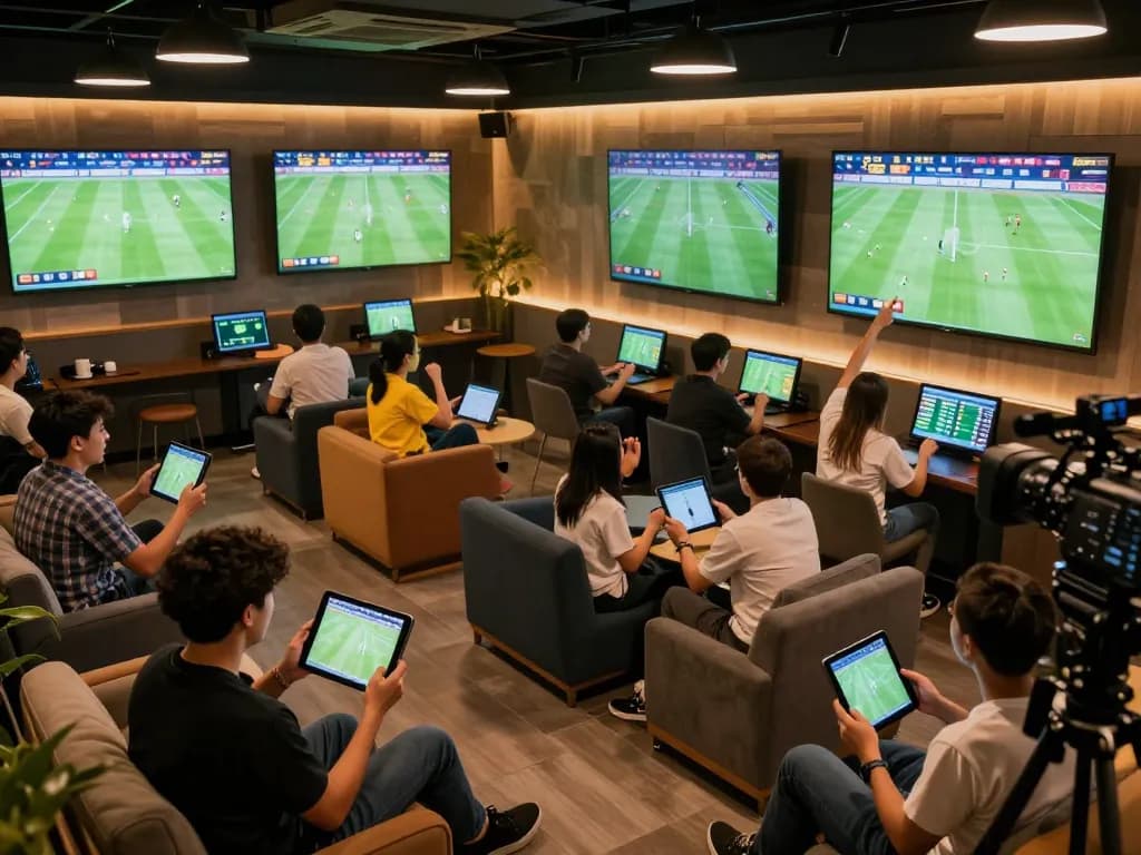 Engaged sports fans tracking bóng đá lu live scores and betting odds in a vibrant sports lounge.