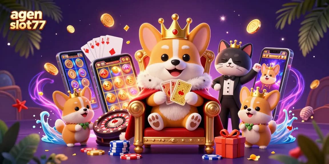 Win big with agen slot777, a vibrant scene of cute characters in a casino atmosphere with slot games and poker chips.