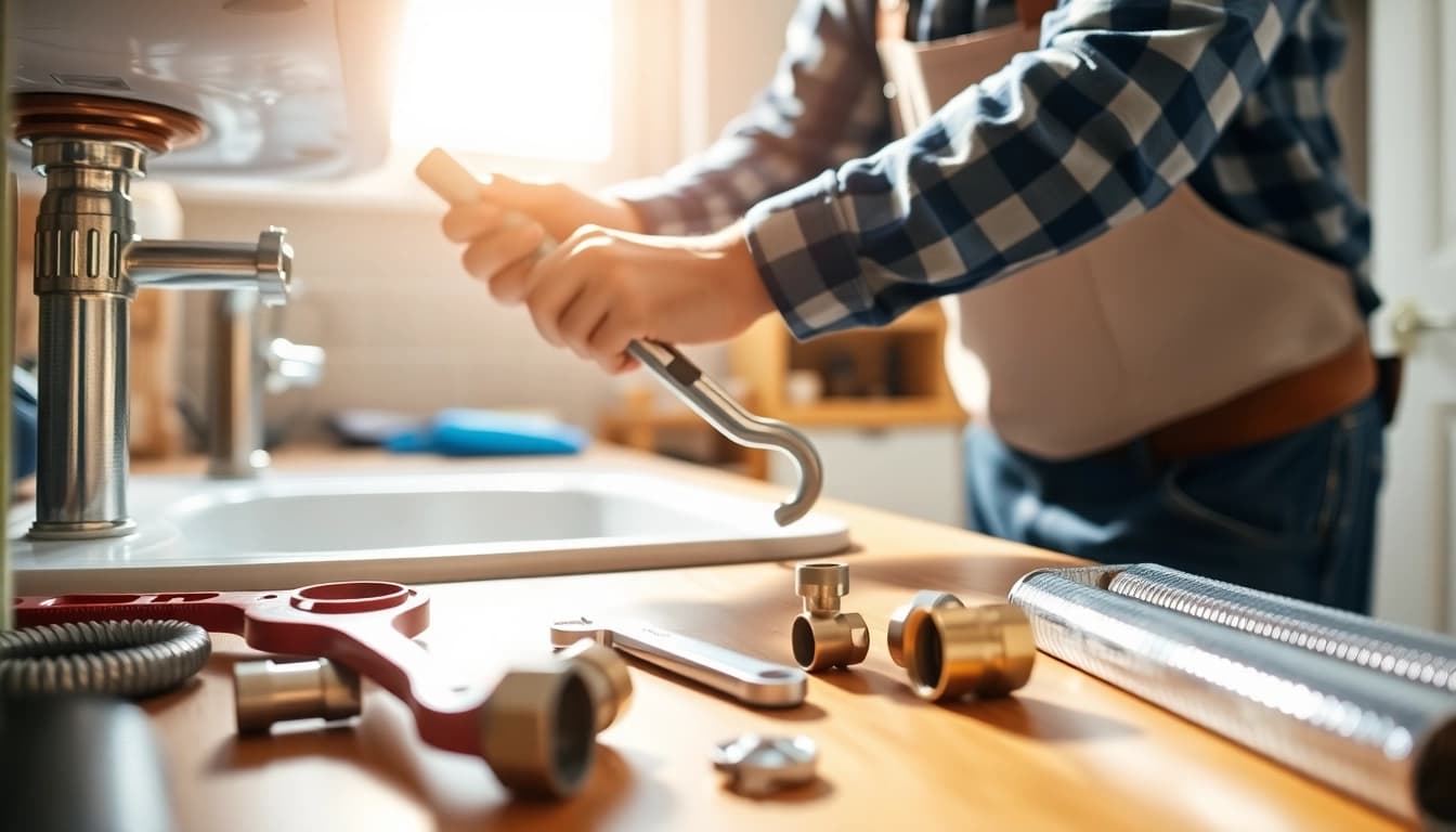 Plumber repairing a sink with tools in a bright home setting.