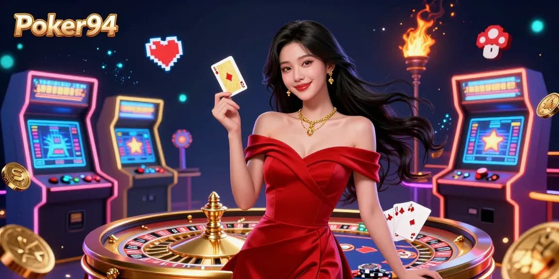 Immerse in Poker94's vibrant gaming experience with a beautiful character posing beside a golden roulette wheel.