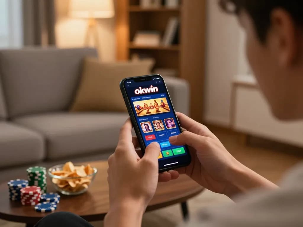 Player enjoying okwin on a mobile app in a cozy home setting