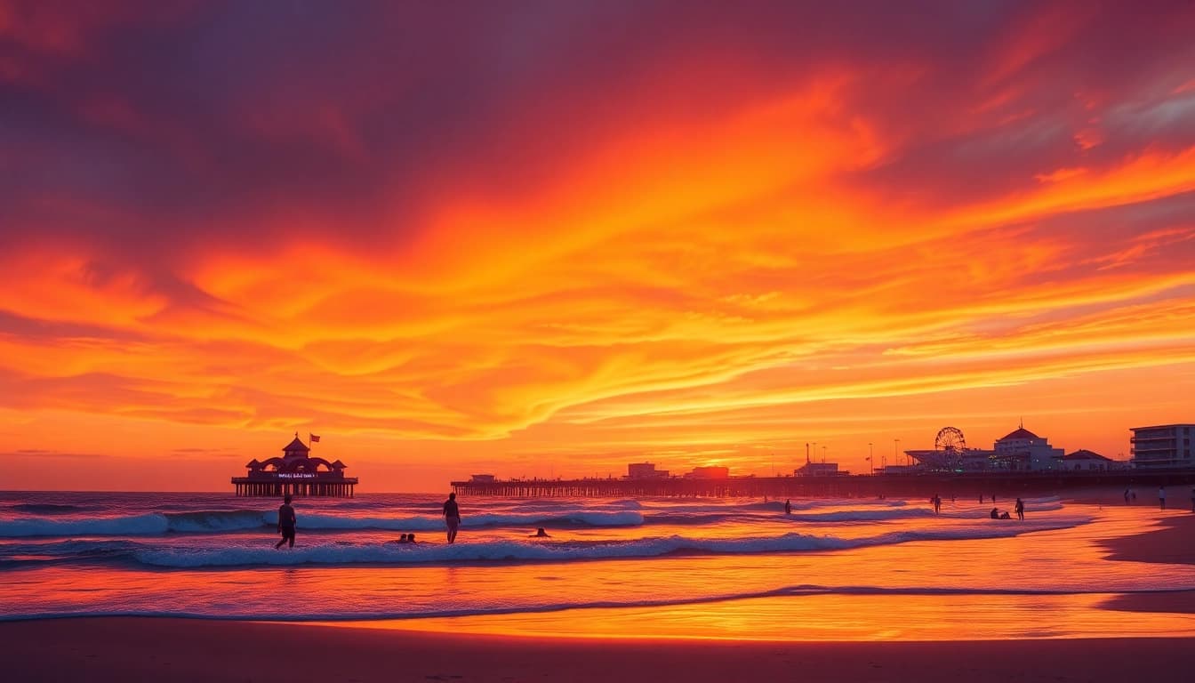 Capture the enchanting sunset at https://myrtlebeachsc.com/ with beachgoers enjoying the serene waves.