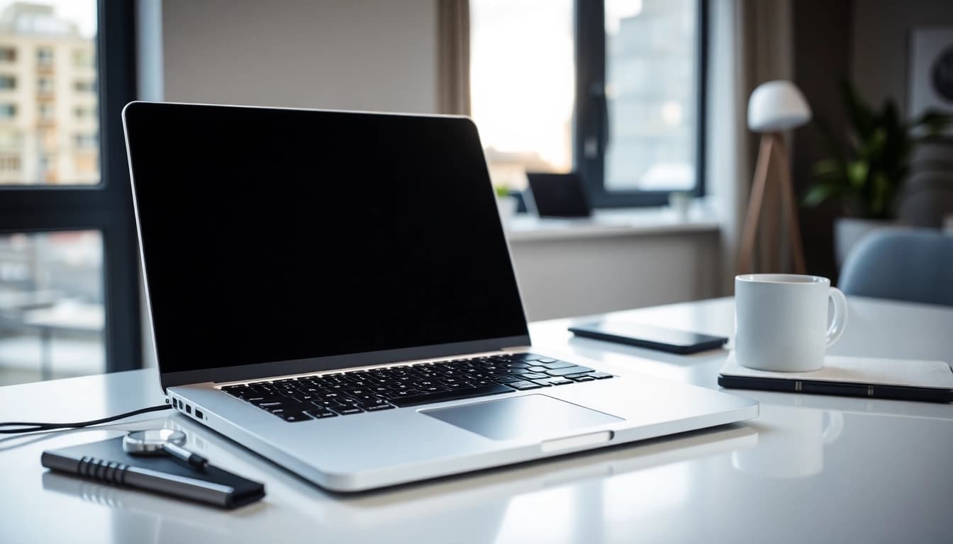 Visualizar MacBook Pro 16 pulgadas en un entorno minimalista con luz natural.