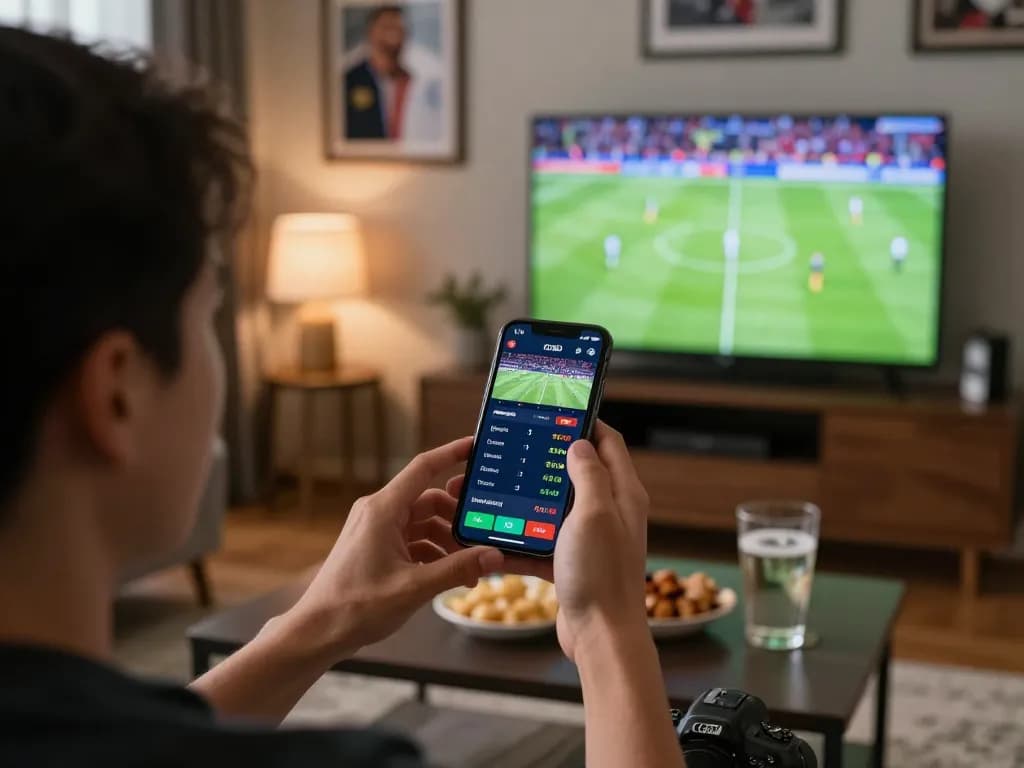 KQBD sports betting excitement with live odds on a smartphone while watching a match.