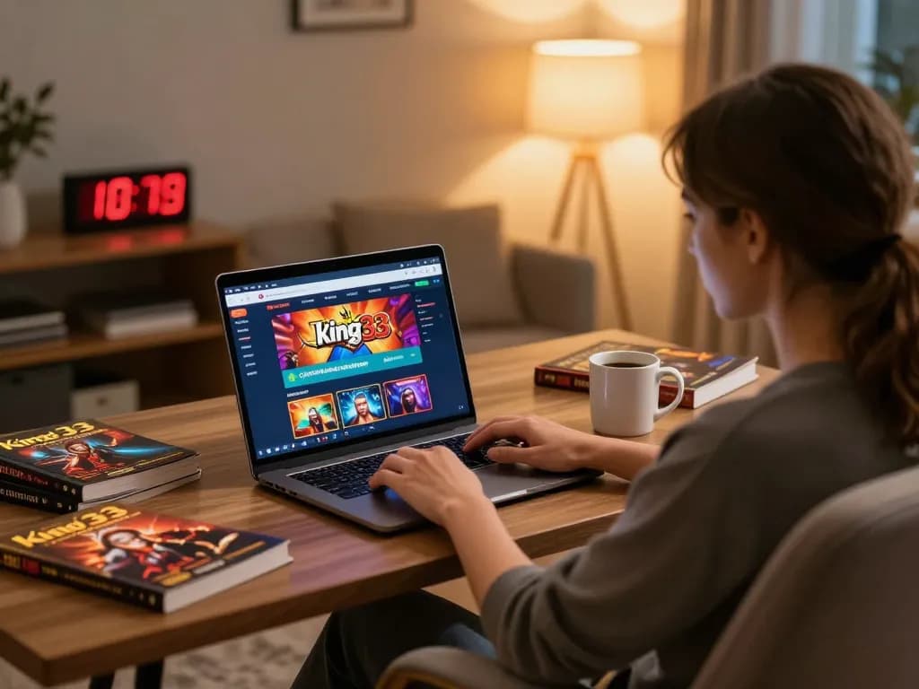 Player engaging with king33 online casino platform in a cozy home gaming setup.