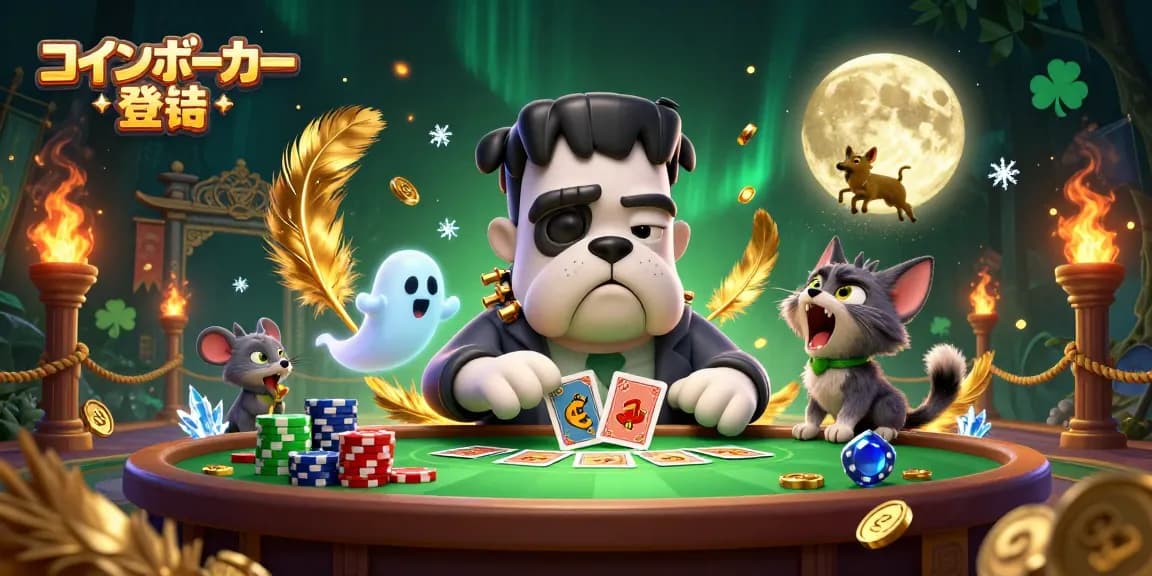 コインポーカー 登録で卓上のカードを配るフランケンシュタインの犬モンスターのイラスト