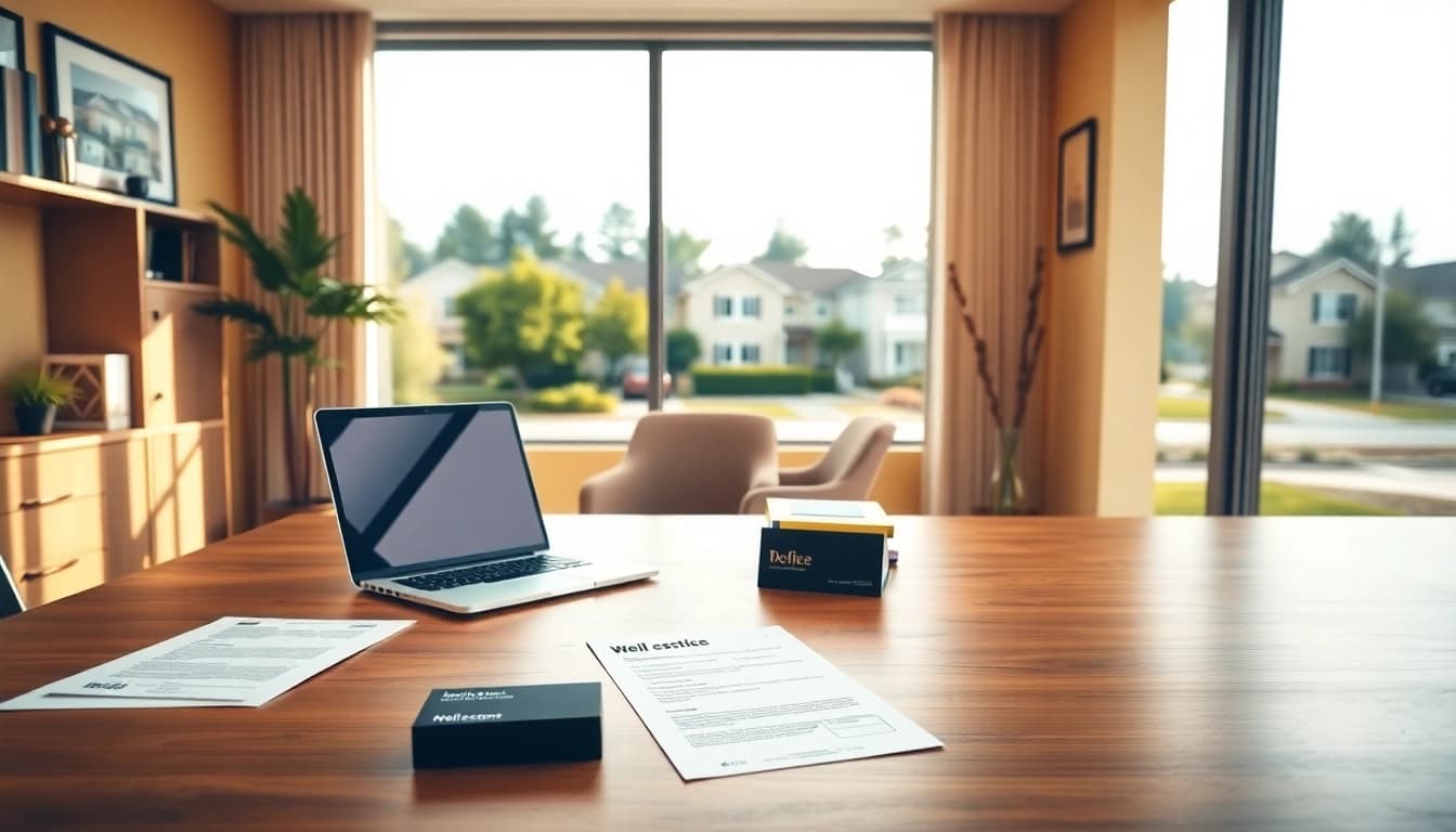 Real Estate office displaying welcoming workspace with paperwork and home view.