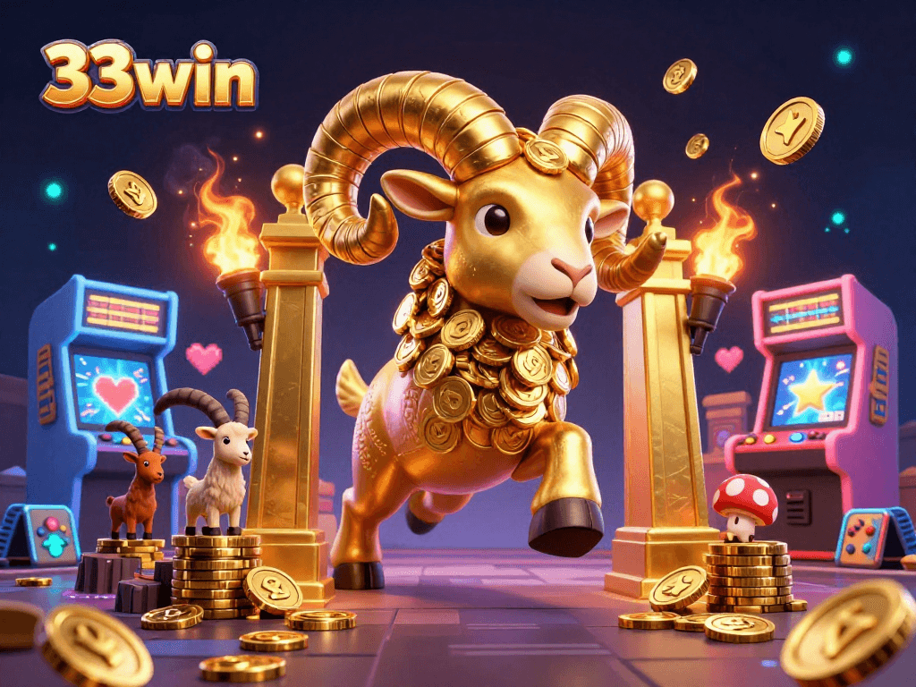 Experience the thrill of 33win with a golden ram charging through a vibrant casino scene.