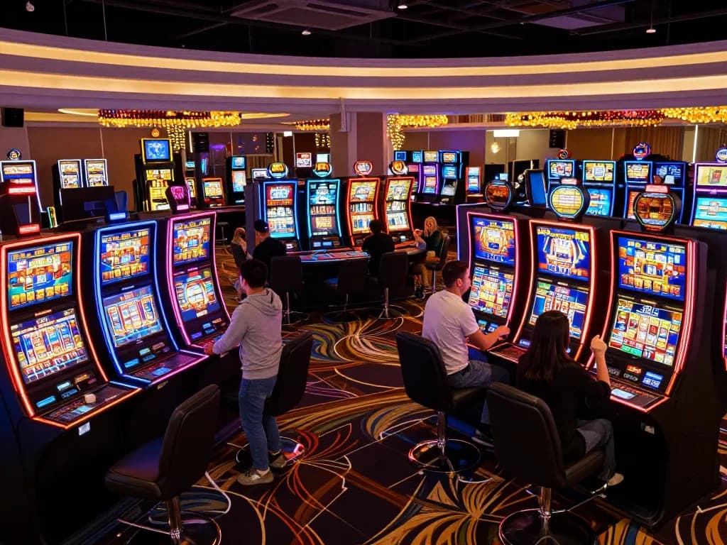 Players enjoying slot gacor games, celebrating wins amidst vibrant casino lights, capturing excitement.
