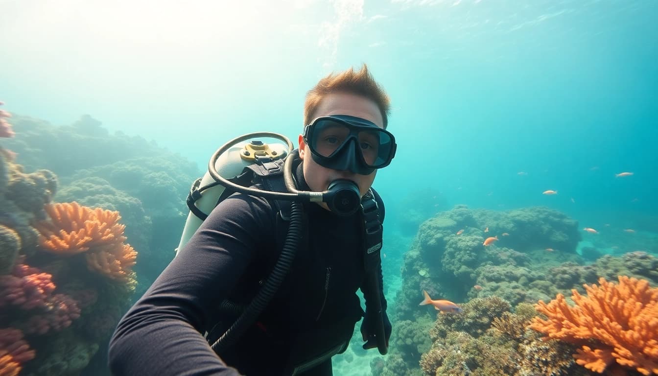 Tauchen Lernen in einer lebhaften Unterwasserwelt mit einem Taucher und bunten Korallen.