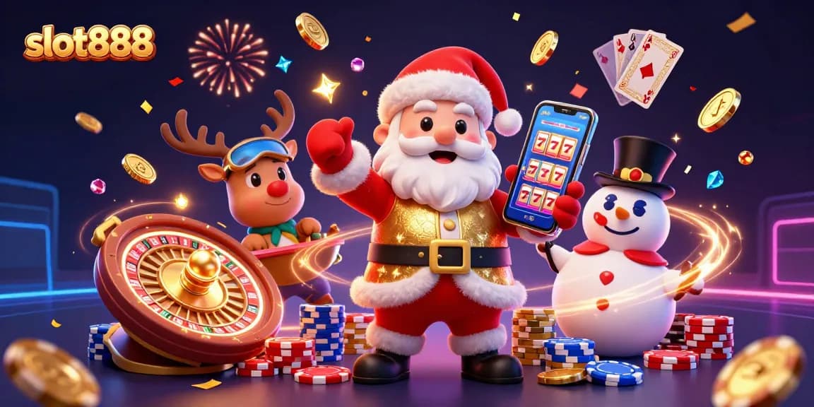 Slot888 menghadirkan pengalaman bermain slot dengan Santa Claus dan teman-temannya, dikelilingi koin emas.