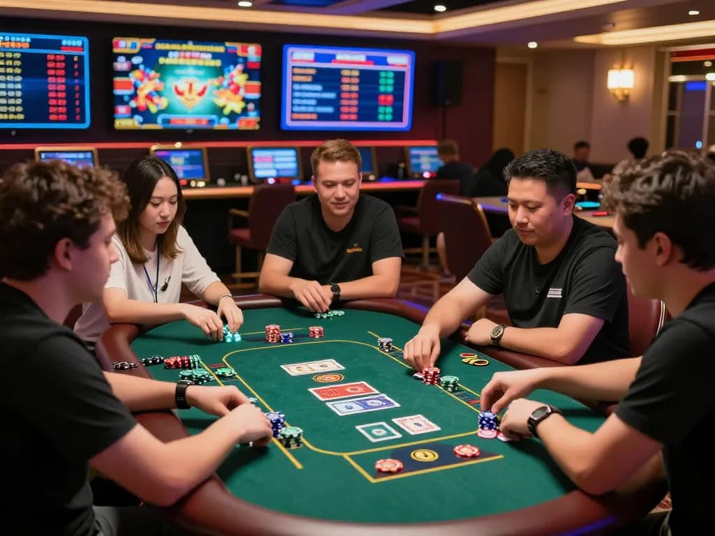 Players enjoying an engaging online gaming experience at tg88 com, surrounded by lively casino atmosphere and vibrant visuals.