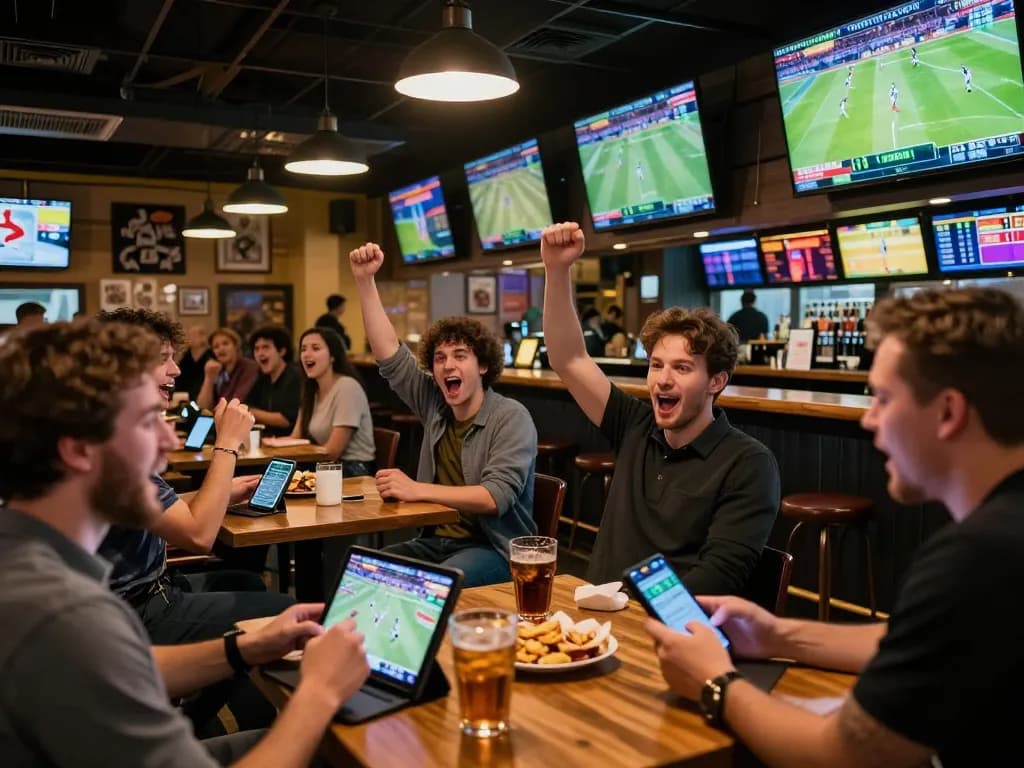DEWAGG users placing smart bets in a lively sports bar during live game streaming.