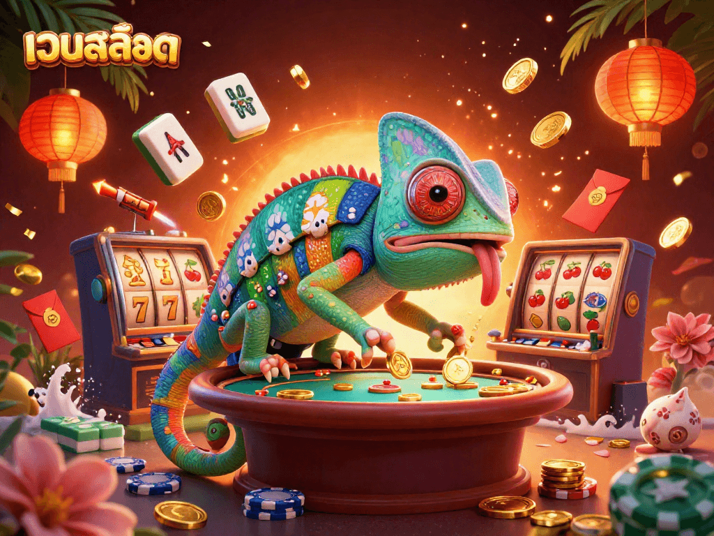 Engage with เว็บสล็อต as a colorful chameleon casino owner watches slot reels and red lanterns.
