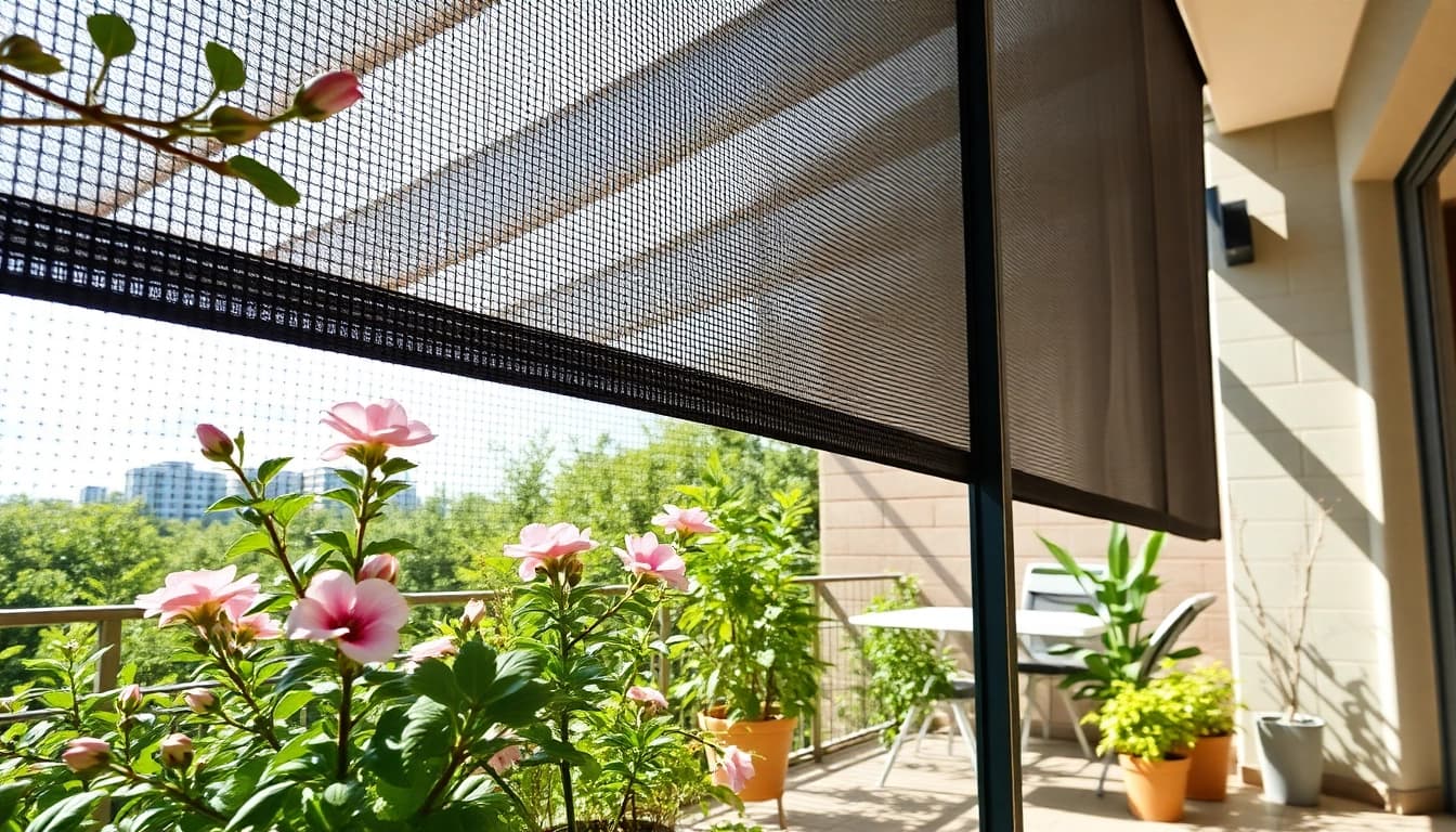 Zanzariere installate su una terrazza soleggiata con piante fiorite.