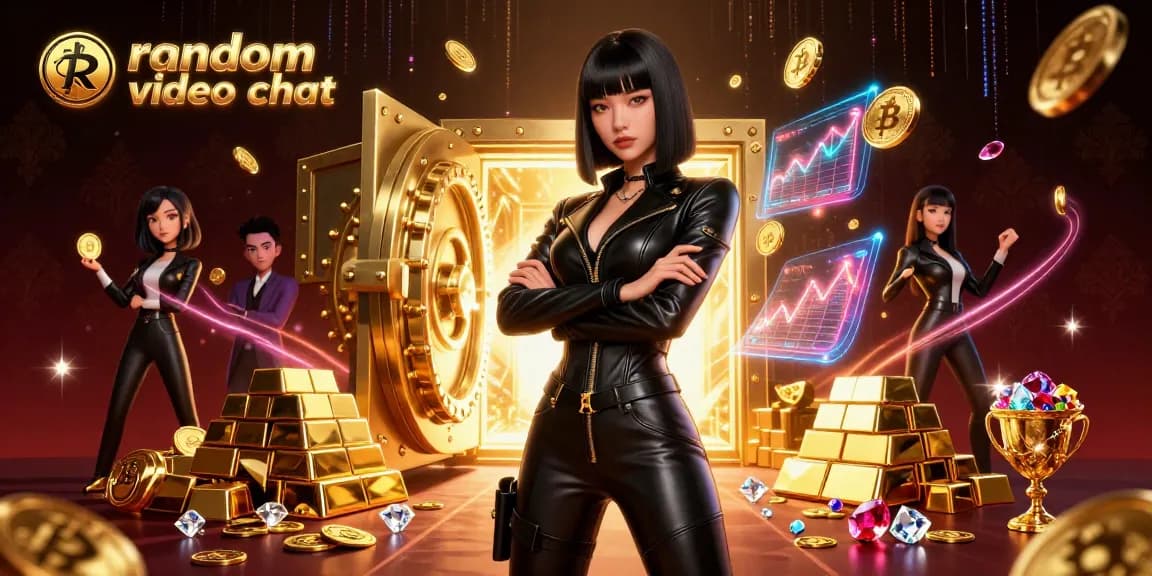 Experience random video chat with vibrant visuals in a dynamic casino atmosphere featuring gold coins and holograms.