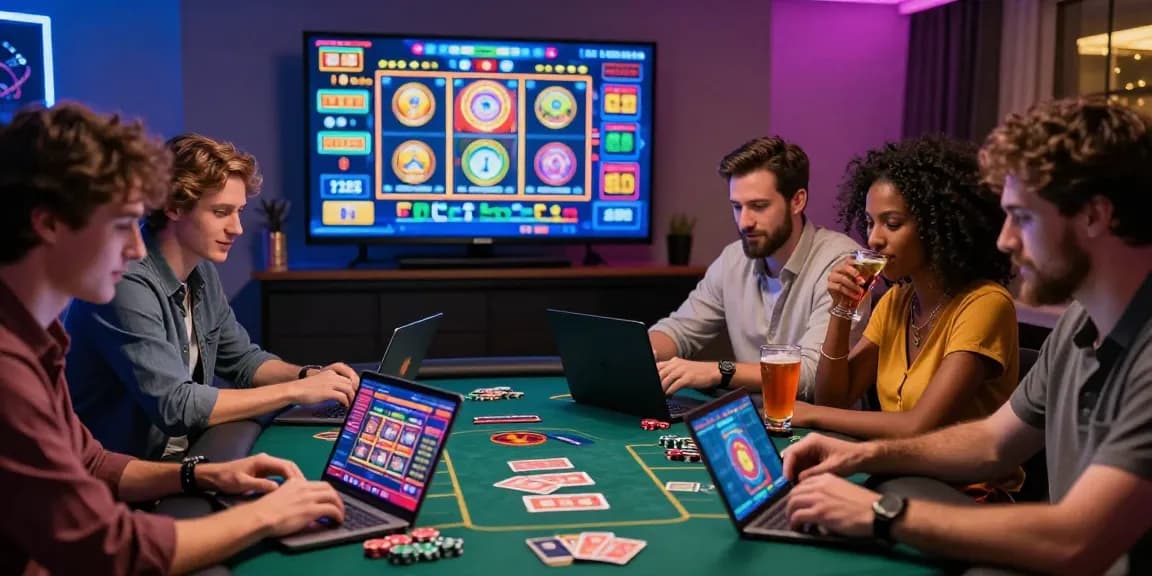 Exciting online gaming setup with friends using casinos that accept credit cards, showcasing vibrant lights and engaging casino games.