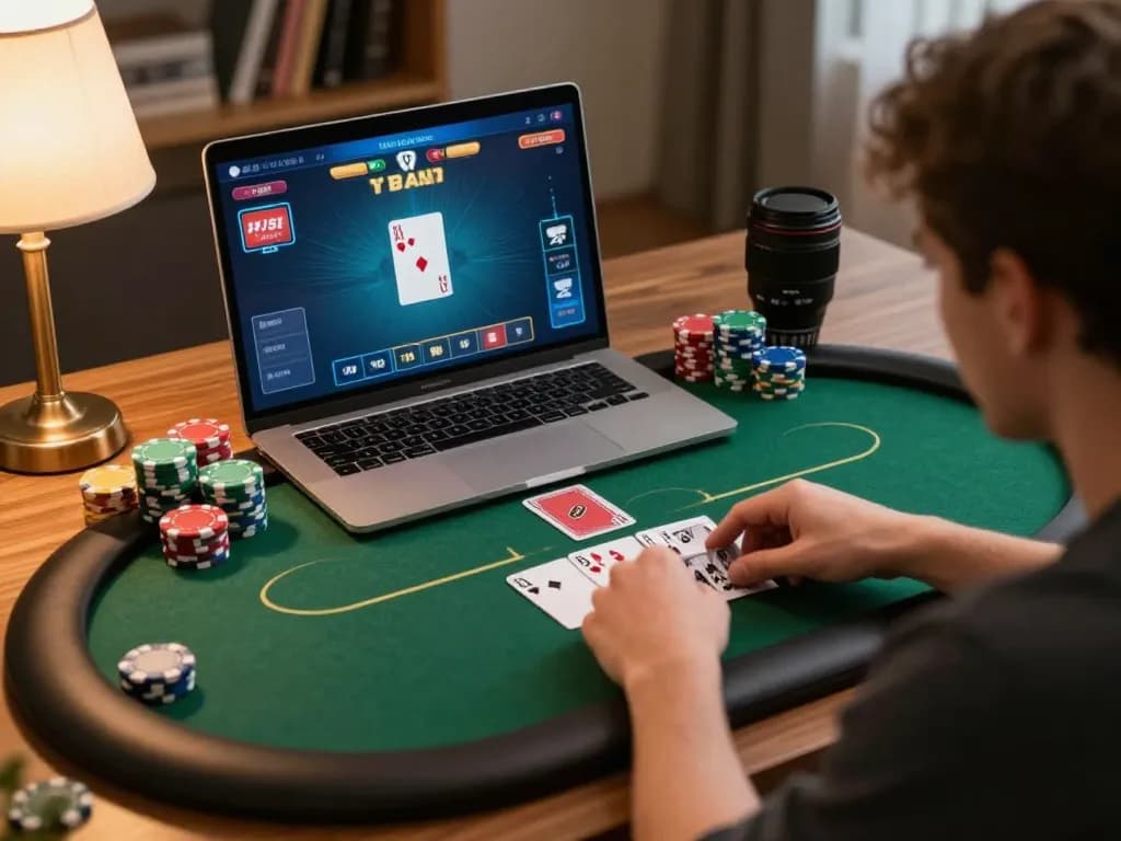 Engaged player winning at vipwin online poker from home setup, cards and chips visible.