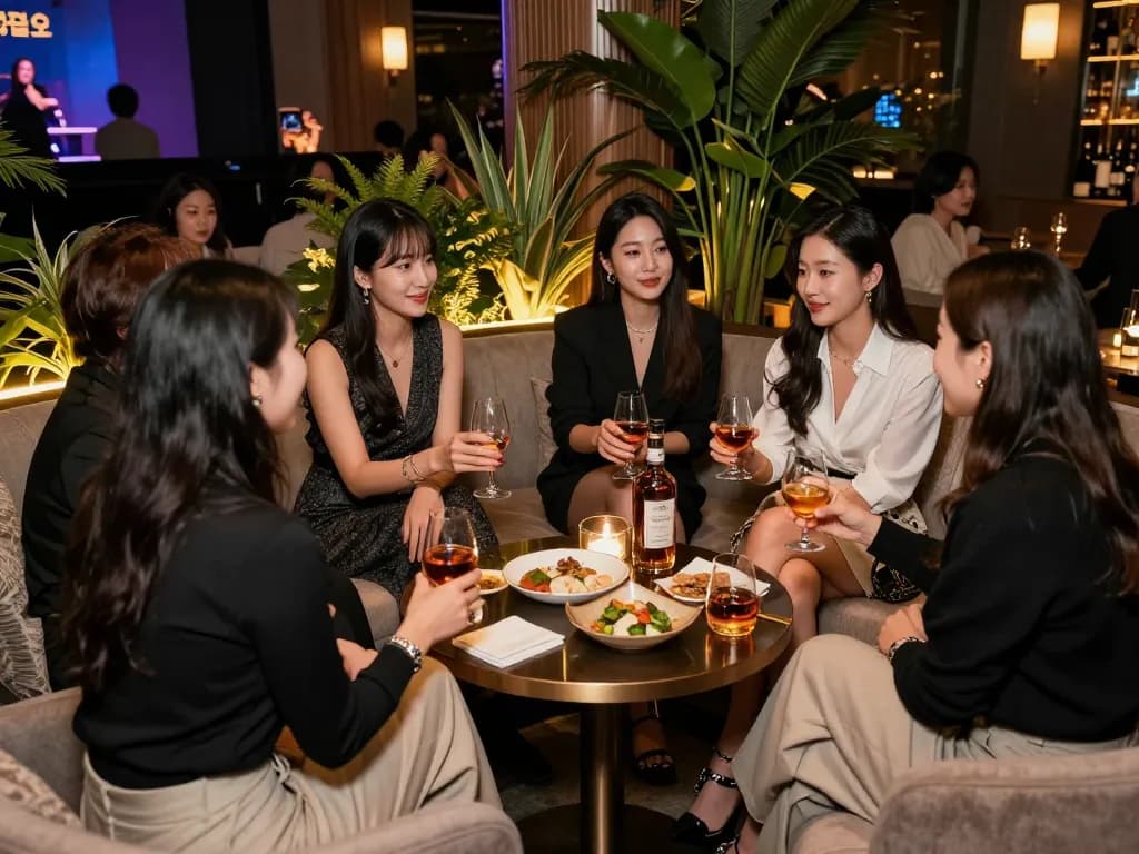 Experience the high-end atmosphere of 강남쩜오 with friends enjoying premium drinks in an elegant lounge.