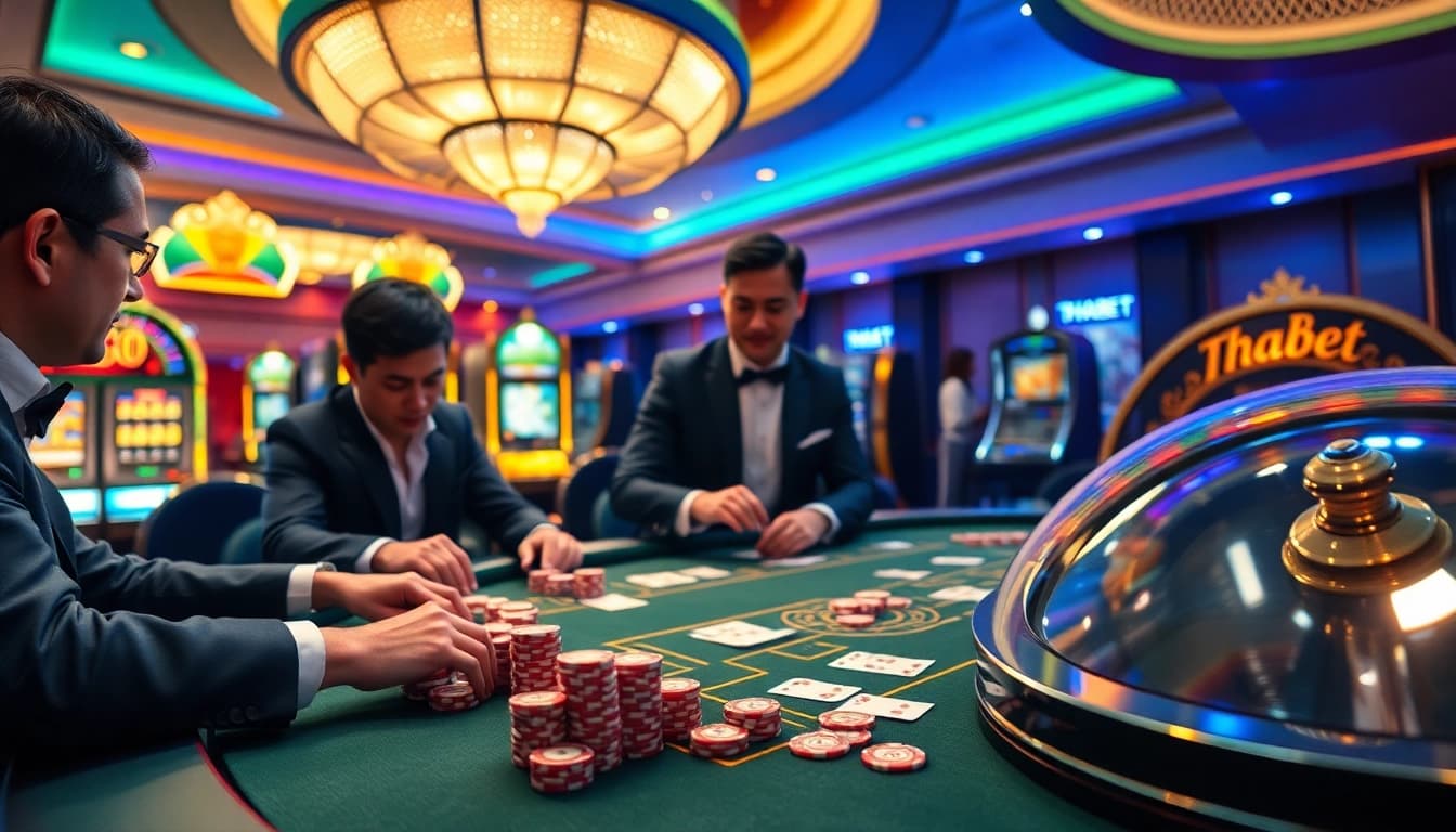 Experience the thrill of gambling at thabet com with an exciting poker game and vibrant casino atmosphere.
