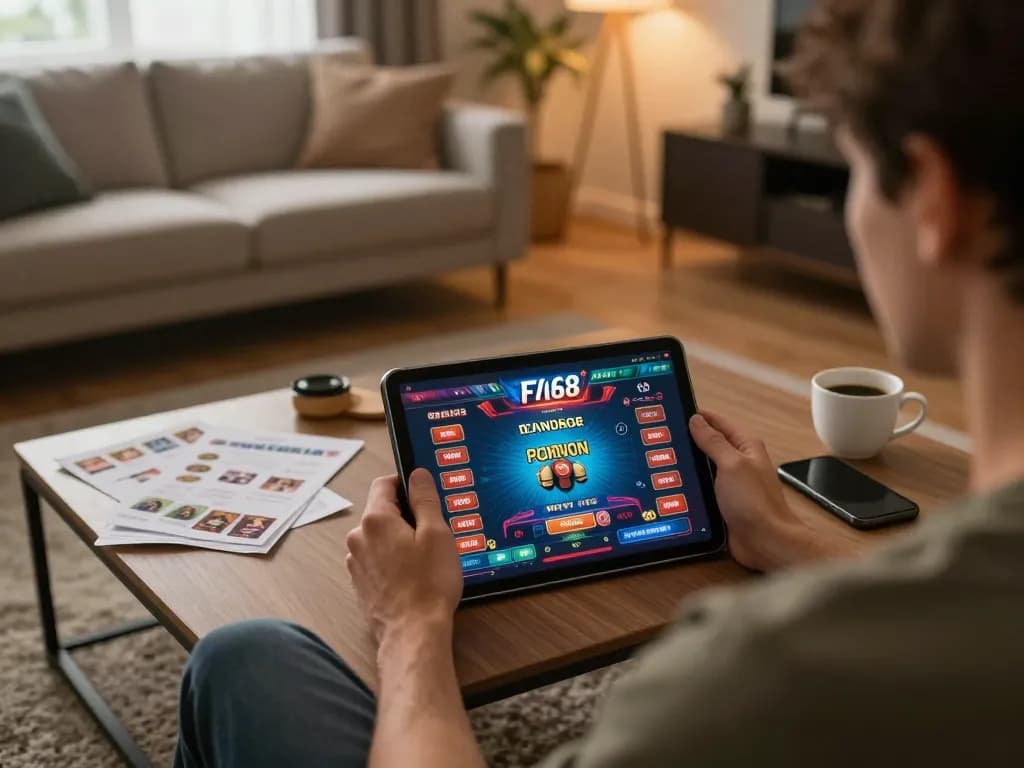 Engaging online casino gaming at home using F168 đăng nhập on a tablet in a cozy setting