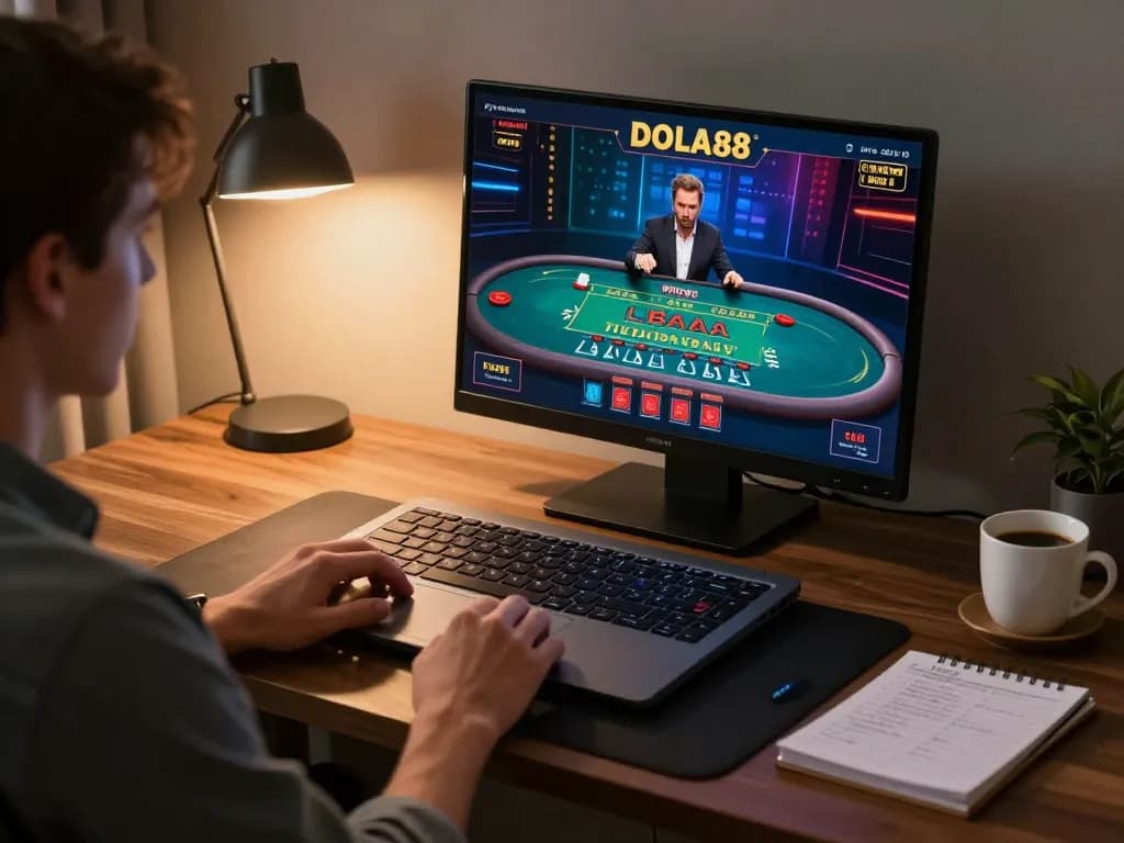 DOLA88 player engaging in live baccarat game on laptop at home office, highlighting immersive online gaming experience.