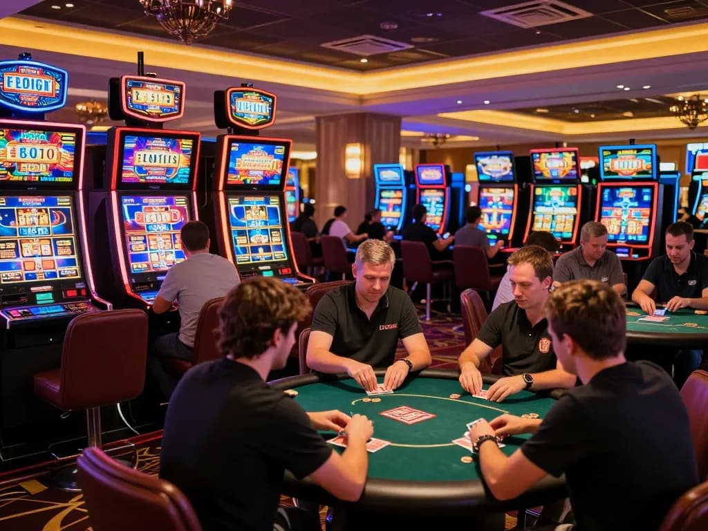 Suasana penuh aksi di kasino menunjukkan pemain di mesin slot, mencerminkan kegembiraan permainan mau777 link alternatif