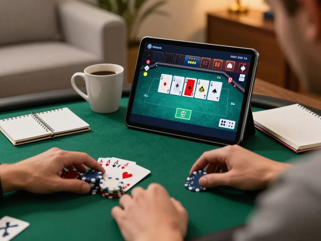 Player strategically betting in an online poker game with TG88 on a tablet amid a cozy home setting.