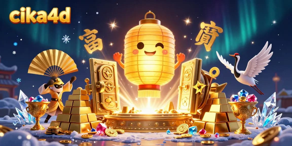 Engage in gaming excitement at cika4d, featuring a vibrant 3D casino scene with golden treasures and lucky symbols.