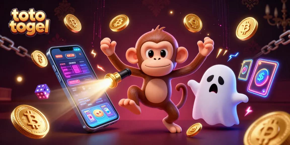 Experience the thrill of toto togel with a playful poltergeist monkey and excited ghost-hunter puppy in a vibrant lottery scene.