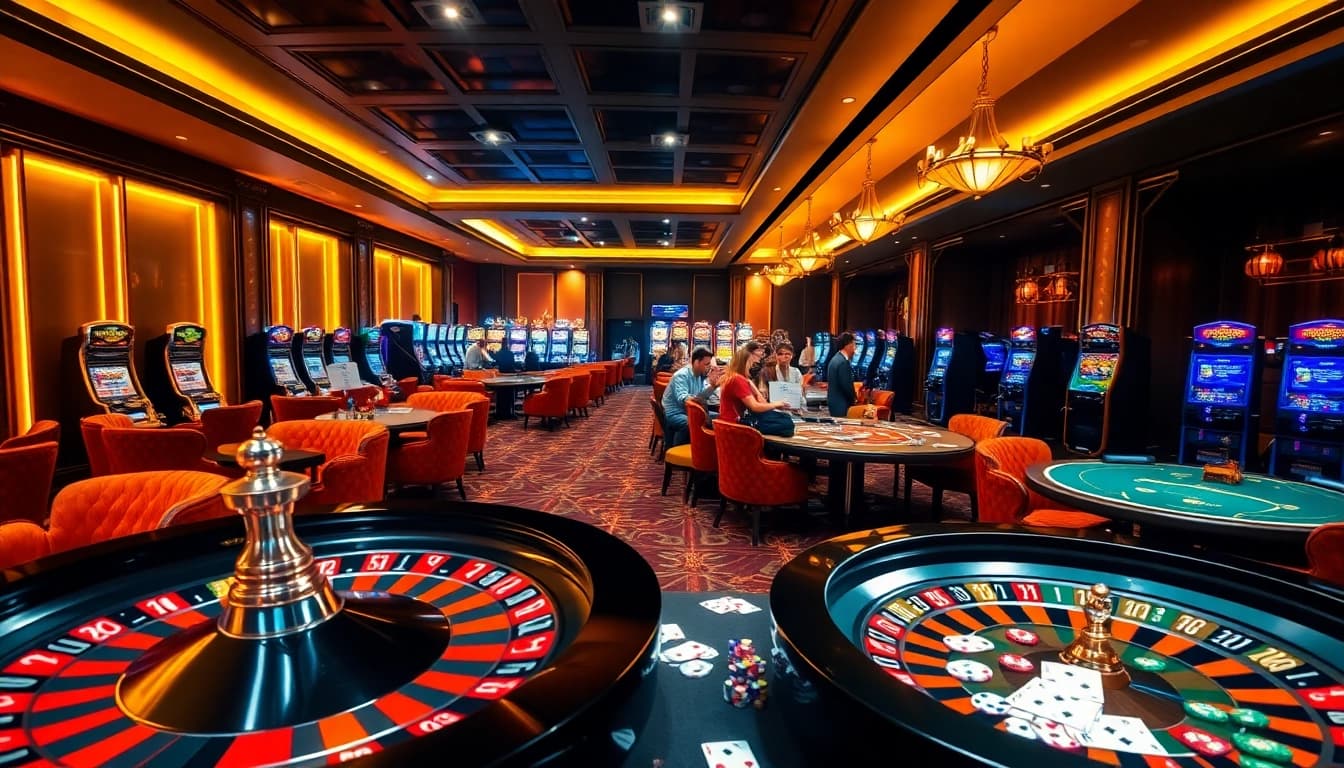 Khela88 vip lounge showcasing a vibrant casino scene filled with poker tables and slot machines.